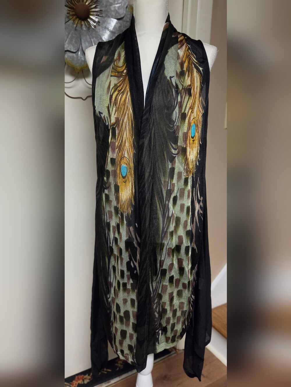 Adore Black Sheer Scarf Vest with Peacock Feather Print